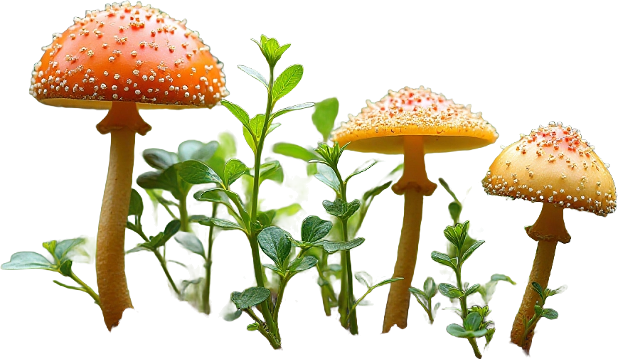 Three Mushrooms with Green Plants